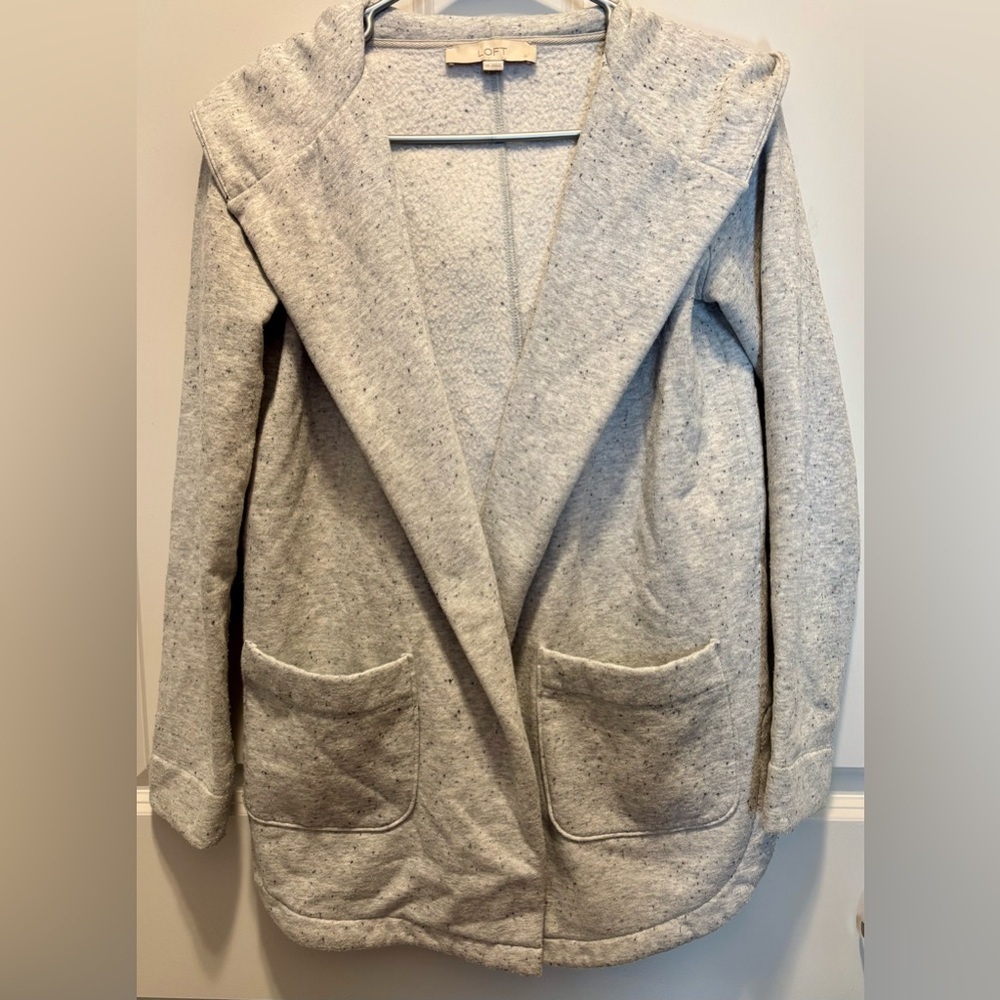 LOFT Women’s Size XS Light Grey Fleece Open Hooded Cardigan Sweater